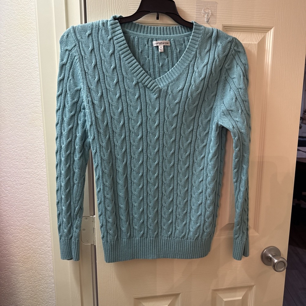 Croft & Barrow Womens V-Neck Cable Knit Sweater Turquoise Blue Medium